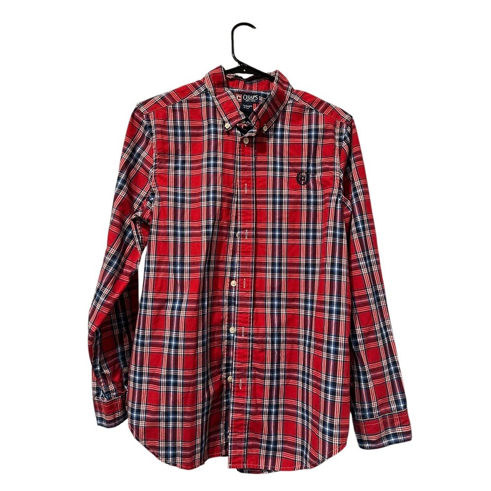 Chaps Red & Black Plaid Button Down Shirt Boys XL‎ 18-20 Long Sleeve Logo EUC